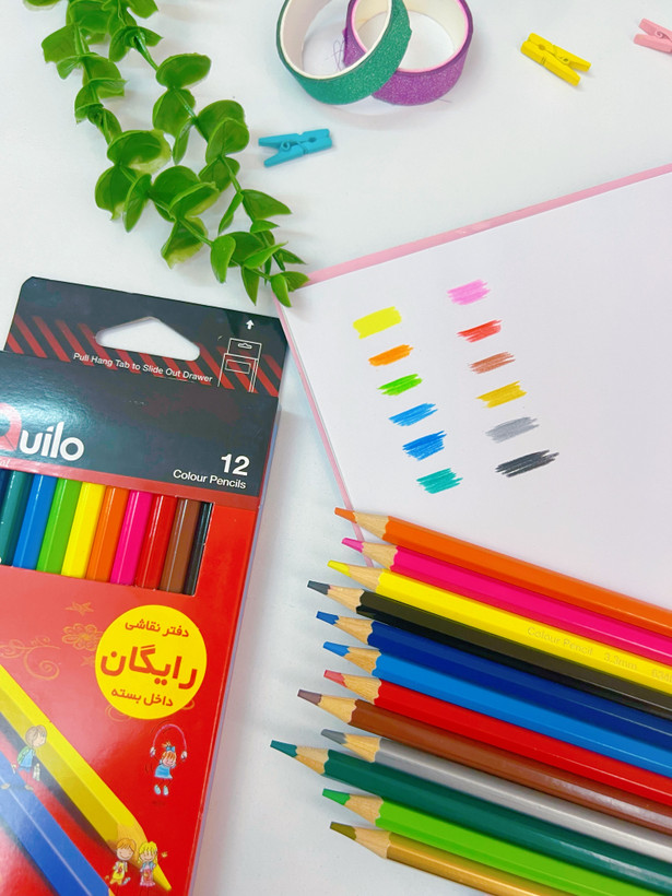 مداد رنگی ۱۲ رنگ اورژینال و اصلی کویلو همراه دفترچه رنگ تمیزی و تراش
